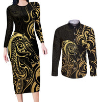 Gold And Black Aotearoa Horse Racing Couples Matching Long Sleeve Bodycon Dress and Long Sleeve Button Shirt NZ Maori Pattern LT14 Black - Polynesian Pride