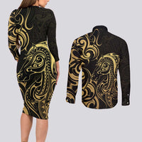 Gold And Black Aotearoa Horse Racing Couples Matching Long Sleeve Bodycon Dress and Long Sleeve Button Shirt NZ Maori Pattern LT14 - Polynesian Pride