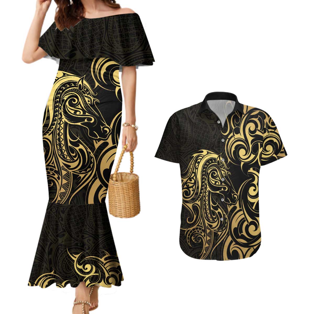 Gold And Black Aotearoa Horse Racing Couples Matching Mermaid Dress and Hawaiian Shirt NZ Maori Pattern LT14 Black - Polynesian Pride