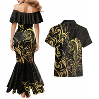 Gold And Black Aotearoa Horse Racing Couples Matching Mermaid Dress and Hawaiian Shirt NZ Maori Pattern LT14 - Polynesian Pride