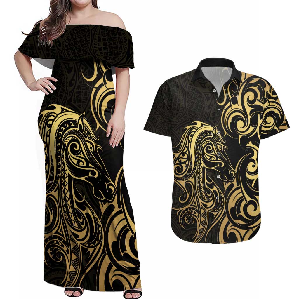 Gold And Black Aotearoa Horse Racing Couples Matching Off Shoulder Maxi Dress and Hawaiian Shirt NZ Maori Pattern LT14 Black - Polynesian Pride