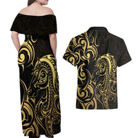Gold And Black Aotearoa Horse Racing Couples Matching Off Shoulder Maxi Dress and Hawaiian Shirt NZ Maori Pattern LT14 - Polynesian Pride