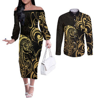 Gold And Black Aotearoa Horse Racing Couples Matching Off The Shoulder Long Sleeve Dress and Long Sleeve Button Shirt NZ Maori Pattern LT14 Black - Polynesian Pride