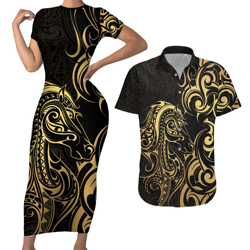 Gold And Black Aotearoa Horse Racing Couples Matching Short Sleeve Bodycon Dress and Hawaiian Shirt NZ Maori Pattern LT14 Black - Polynesian Pride