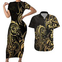 Gold And Black Aotearoa Horse Racing Couples Matching Short Sleeve Bodycon Dress and Hawaiian Shirt NZ Maori Pattern LT14 Black - Polynesian Pride