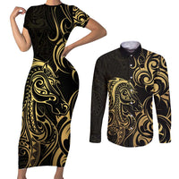 Gold And Black Aotearoa Horse Racing Couples Matching Short Sleeve Bodycon Dress and Long Sleeve Button Shirt NZ Maori Pattern LT14 Black - Polynesian Pride