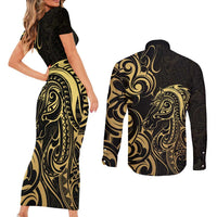 Gold And Black Aotearoa Horse Racing Couples Matching Short Sleeve Bodycon Dress and Long Sleeve Button Shirt NZ Maori Pattern LT14 - Polynesian Pride