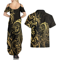 Gold And Black Aotearoa Horse Racing Couples Matching Summer Maxi Dress and Hawaiian Shirt NZ Maori Pattern LT14 - Polynesian Pride