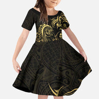 Gold And Black Aotearoa Horse Racing Family Matching Long Sleeve Bodycon Dress and Hawaiian Shirt NZ Maori Pattern LT14 Daughter's Dress Black - Polynesian Pride