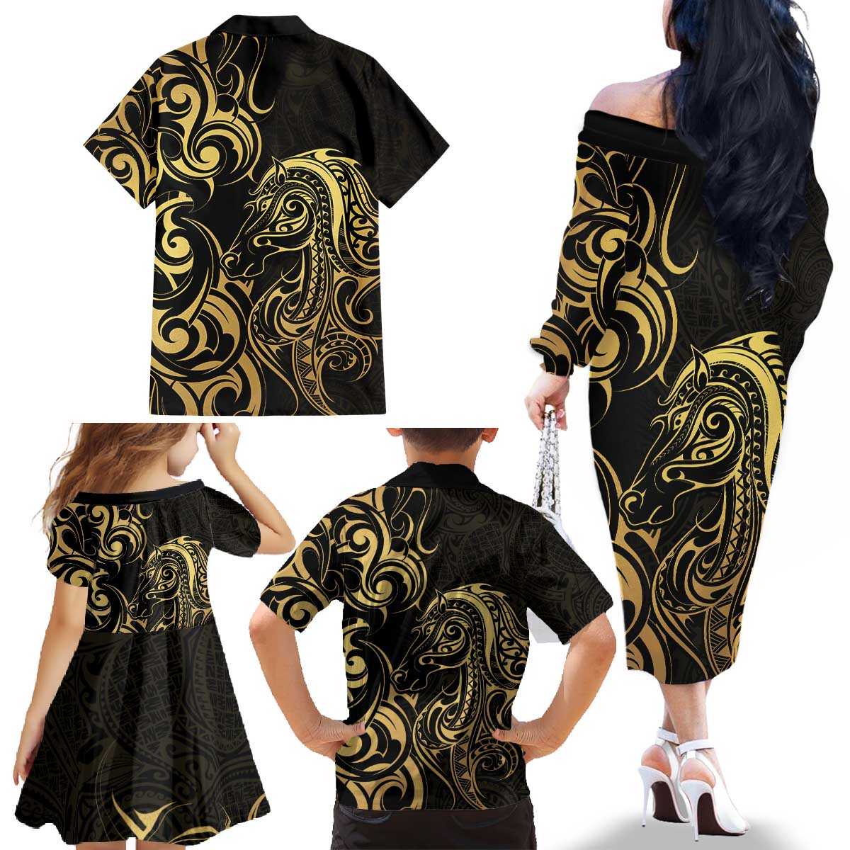 Gold And Black Aotearoa Horse Racing Family Matching Off The Shoulder Long Sleeve Dress and Hawaiian Shirt NZ Maori Pattern LT14 - Polynesian Pride