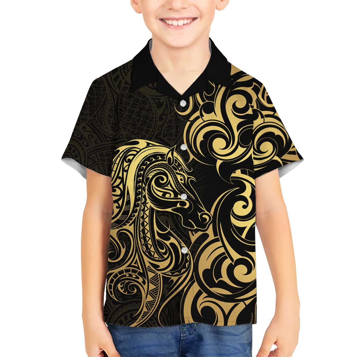 Gold And Black Aotearoa Horse Racing Family Matching Off The Shoulder Long Sleeve Dress and Hawaiian Shirt NZ Maori Pattern LT14 Son's Shirt Black - Polynesian Pride