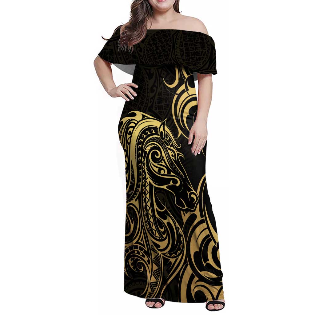 Gold And Black Aotearoa Horse Racing Family Matching Off Shoulder Maxi Dress and Hawaiian Shirt NZ Maori Pattern LT14 Mom's Dress Black - Polynesian Pride