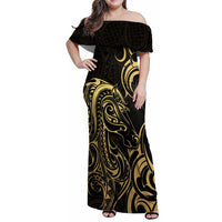 Gold And Black Aotearoa Horse Racing Family Matching Off Shoulder Maxi Dress and Hawaiian Shirt NZ Maori Pattern LT14 Mom's Dress Black - Polynesian Pride