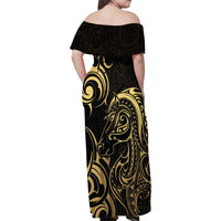 Gold And Black Aotearoa Horse Racing Family Matching Off Shoulder Maxi Dress and Hawaiian Shirt NZ Maori Pattern LT14 - Polynesian Pride