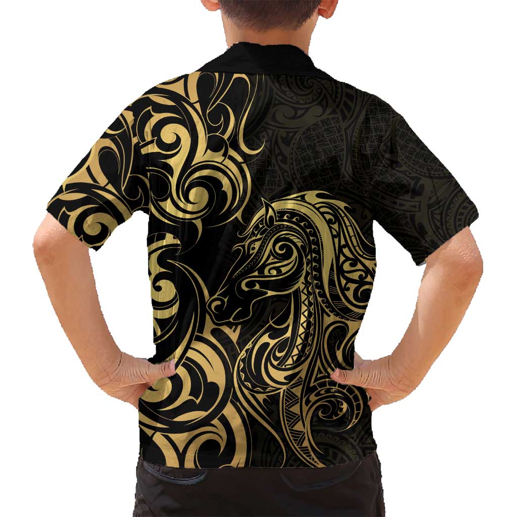 Gold And Black Aotearoa Horse Racing Family Matching Off Shoulder Short Dress and Hawaiian Shirt NZ Maori Pattern LT14 - Polynesian Pride