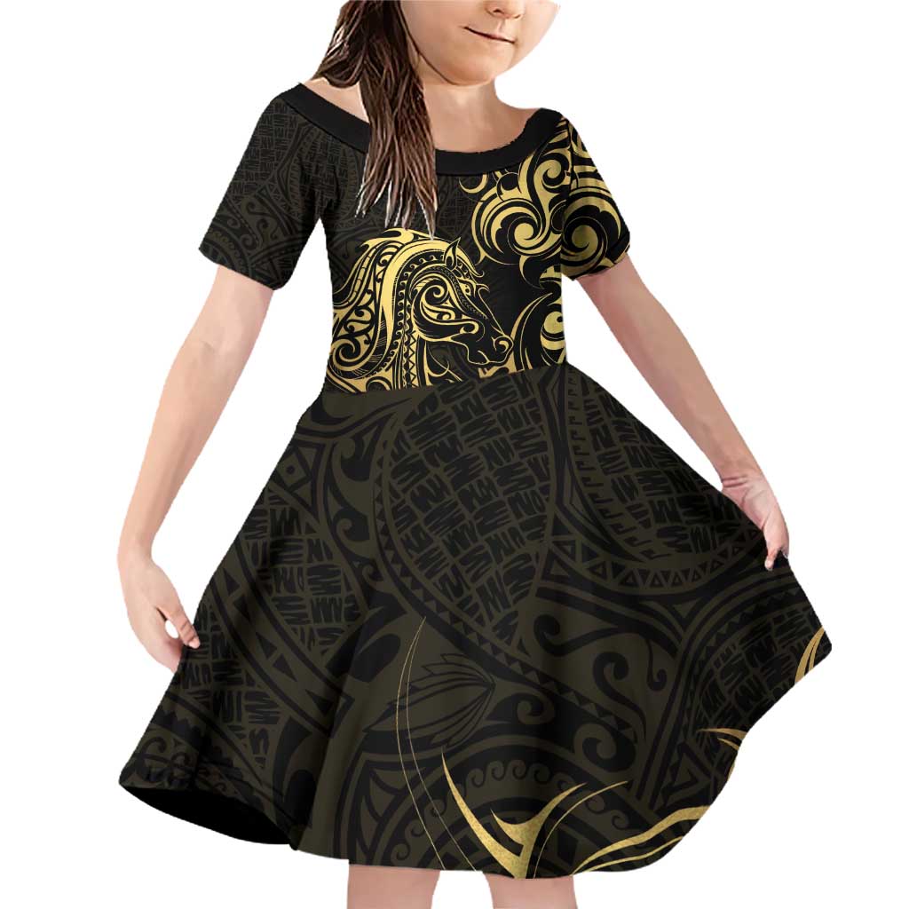Gold And Black Aotearoa Horse Racing Family Matching Off Shoulder Short Dress and Hawaiian Shirt NZ Maori Pattern LT14 Daughter's Dress Black - Polynesian Pride