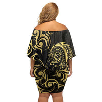 Gold And Black Aotearoa Horse Racing Family Matching Off Shoulder Short Dress and Hawaiian Shirt NZ Maori Pattern LT14 - Polynesian Pride