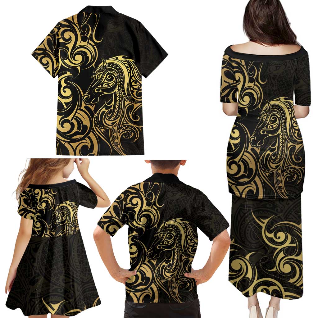 Gold And Black Aotearoa Horse Racing Family Matching Puletasi and Hawaiian Shirt NZ Maori Pattern LT14 - Polynesian Pride