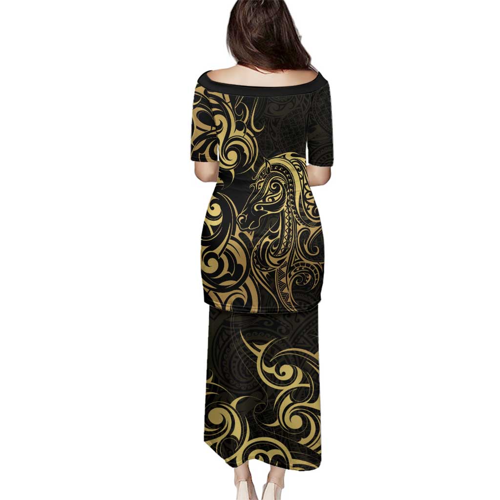 Gold And Black Aotearoa Horse Racing Family Matching Puletasi and Hawaiian Shirt NZ Maori Pattern LT14 - Polynesian Pride