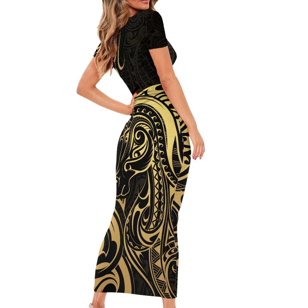 Gold And Black Aotearoa Horse Racing Family Matching Short Sleeve Bodycon Dress and Hawaiian Shirt NZ Maori Pattern LT14 - Polynesian Pride