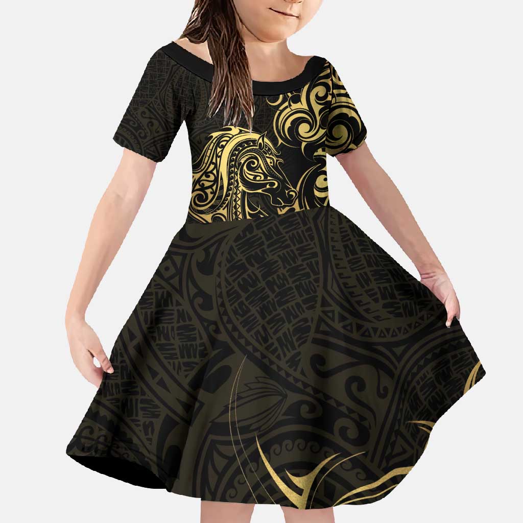 Gold And Black Aotearoa Horse Racing Family Matching Summer Maxi Dress and Hawaiian Shirt NZ Maori Pattern LT14 Daughter's Dress Black - Polynesian Pride