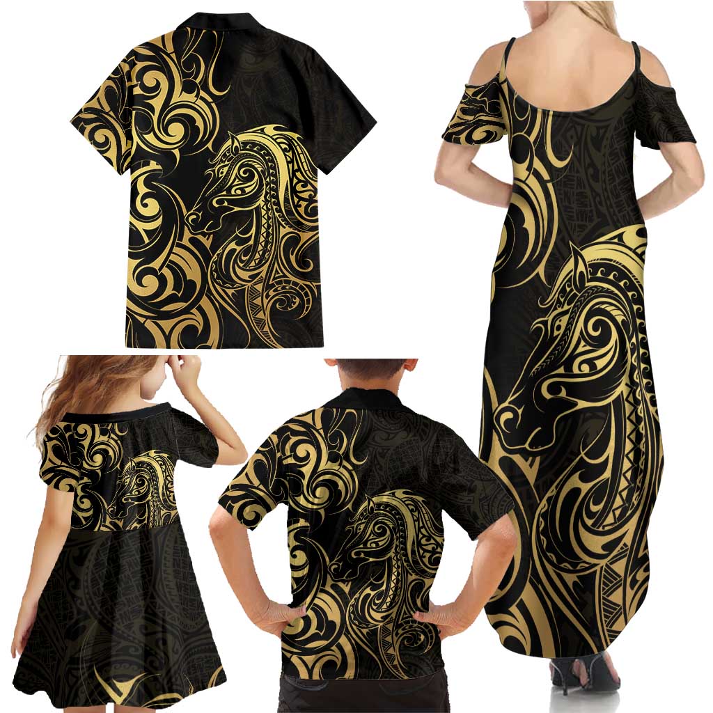 Gold And Black Aotearoa Horse Racing Family Matching Summer Maxi Dress and Hawaiian Shirt NZ Maori Pattern LT14 - Polynesian Pride