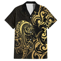 Gold And Black Aotearoa Horse Racing Family Matching Summer Maxi Dress and Hawaiian Shirt NZ Maori Pattern LT14 Dad's Shirt - Short Sleeve Black - Polynesian Pride