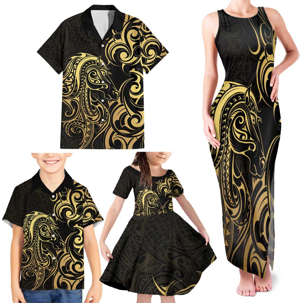 Gold And Black Aotearoa Horse Racing Family Matching Tank Maxi Dress and Hawaiian Shirt NZ Maori Pattern LT14 - Polynesian Pride