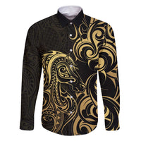Gold And Black Aotearoa Horse Racing Family Matching Tank Maxi Dress and Hawaiian Shirt NZ Maori Pattern LT14 Dad's Shirt - Long Sleeve Black - Polynesian Pride