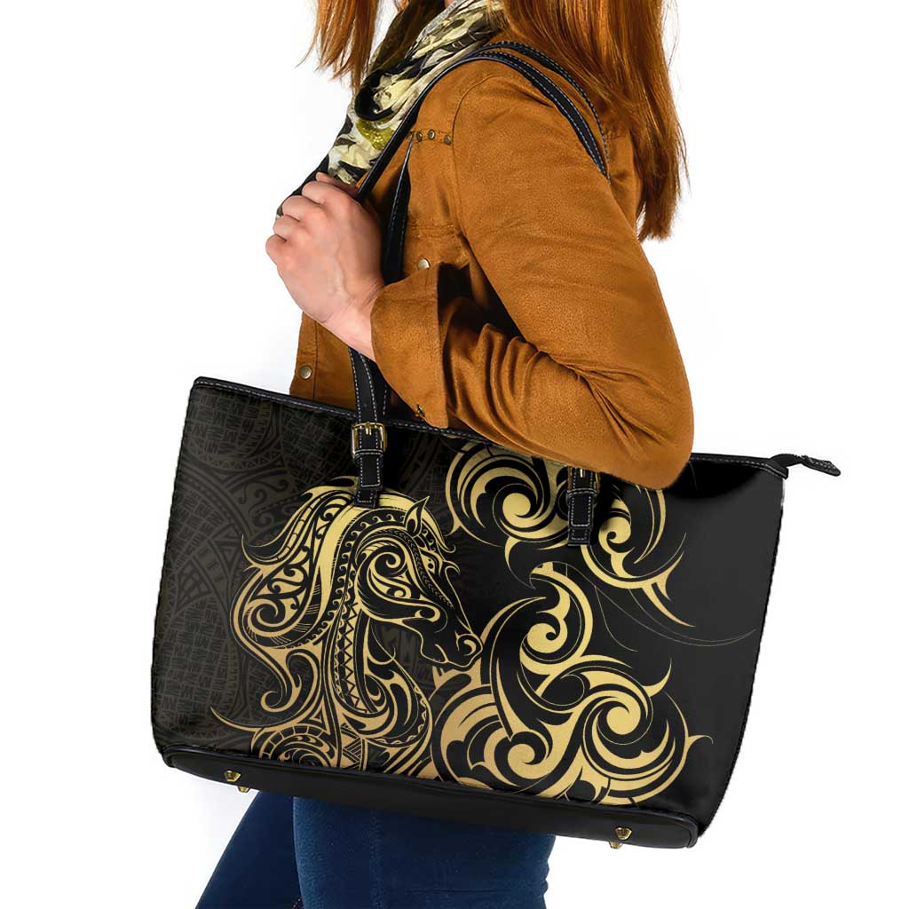 Gold And Black Aotearoa Horse Racing Leather Tote Bag NZ Maori Pattern LT14 Black - Polynesian Pride