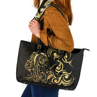 Gold And Black Aotearoa Horse Racing Leather Tote Bag NZ Maori Pattern LT14 Black - Polynesian Pride