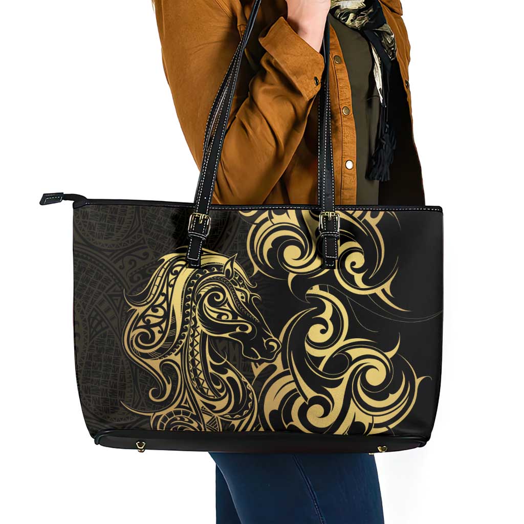 Gold And Black Aotearoa Horse Racing Leather Tote Bag NZ Maori Pattern LT14 - Polynesian Pride