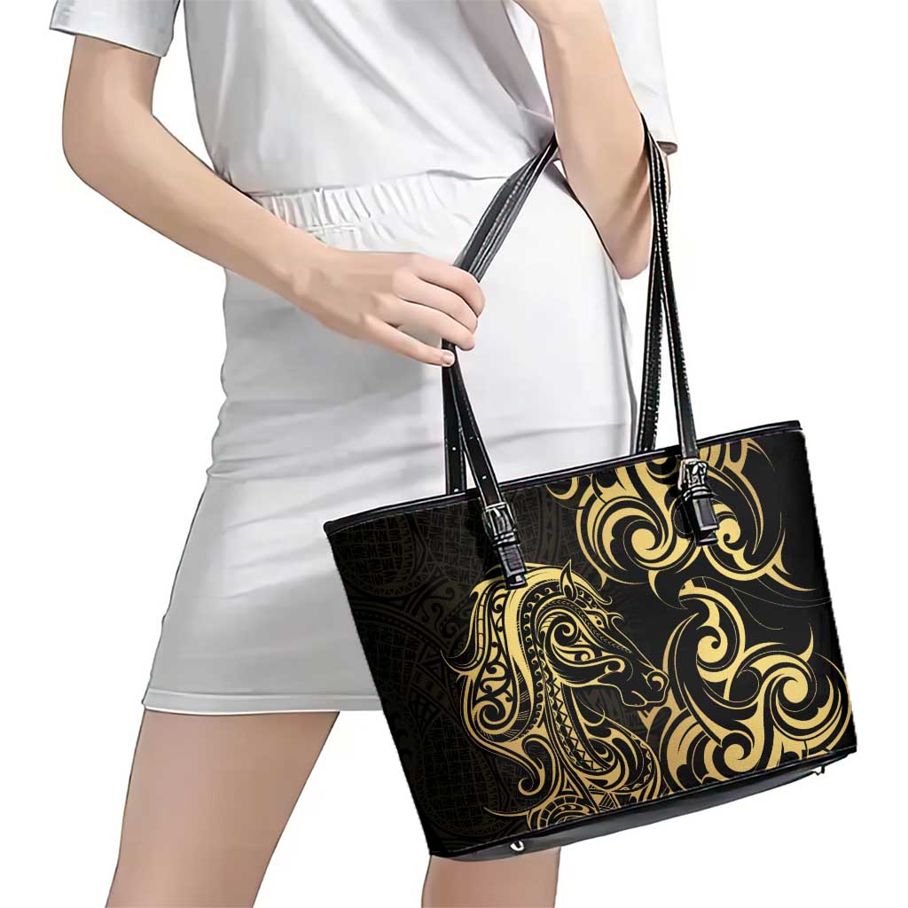 Gold And Black Aotearoa Horse Racing Leather Tote Bag NZ Maori Pattern LT14 - Polynesian Pride