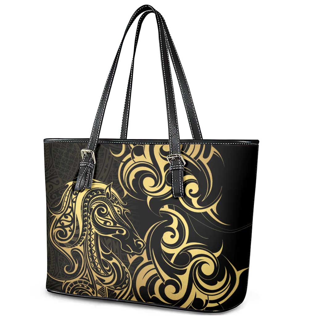 Gold And Black Aotearoa Horse Racing Leather Tote Bag NZ Maori Pattern LT14 - Polynesian Pride