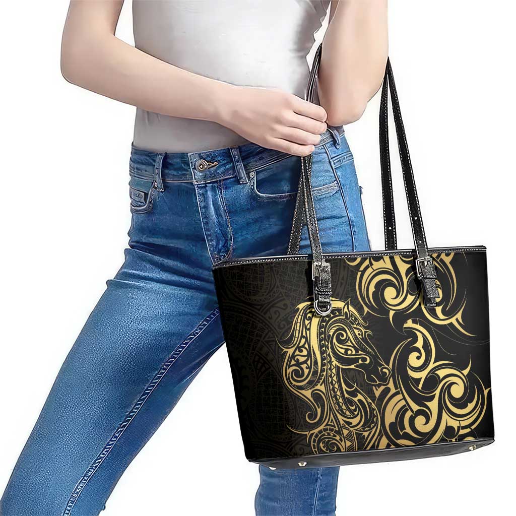 Gold And Black Aotearoa Horse Racing Leather Tote Bag NZ Maori Pattern LT14 - Polynesian Pride
