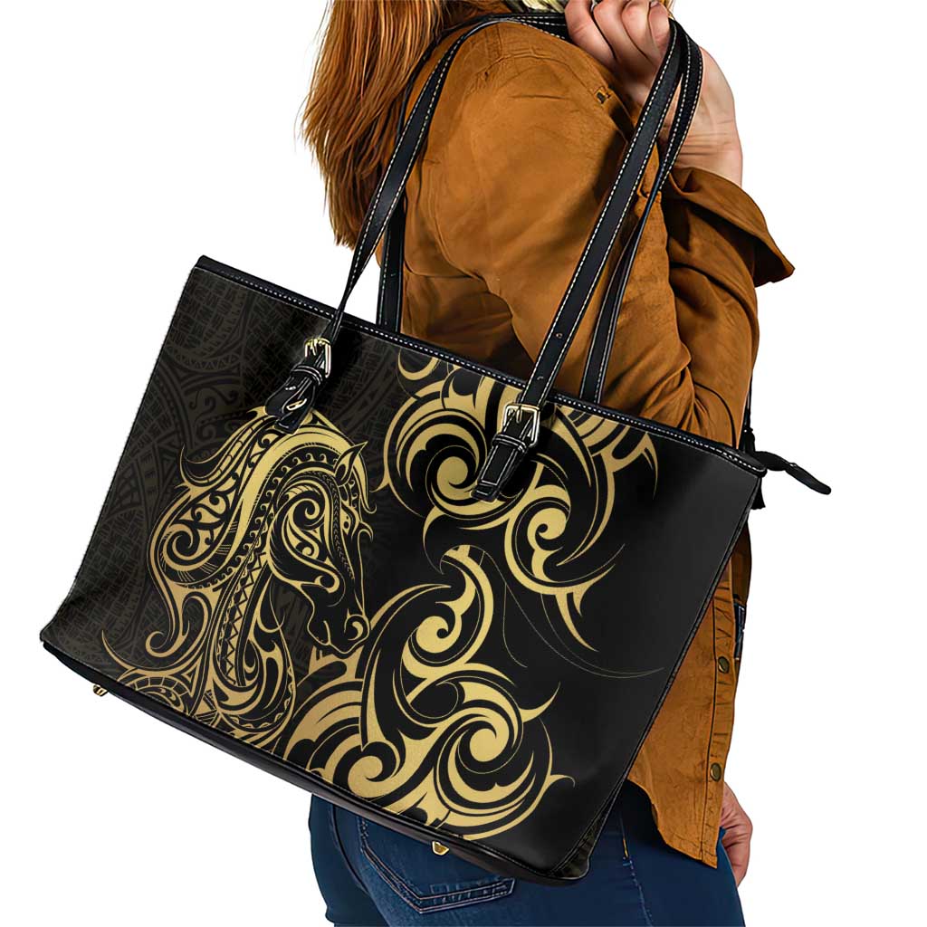 Gold And Black Aotearoa Horse Racing Leather Tote Bag NZ Maori Pattern LT14 - Polynesian Pride