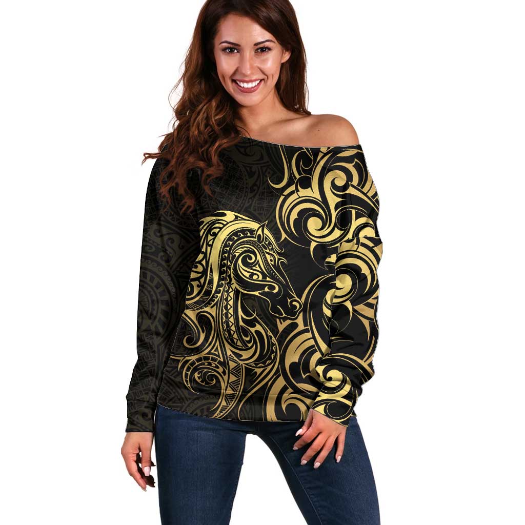 Gold And Black Aotearoa Horse Racing Off Shoulder Sweater NZ Maori Pattern LT14 Women Black - Polynesian Pride