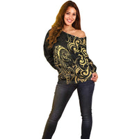 Gold And Black Aotearoa Horse Racing Off Shoulder Sweater NZ Maori Pattern LT14 - Polynesian Pride