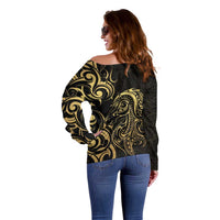 Gold And Black Aotearoa Horse Racing Off Shoulder Sweater NZ Maori Pattern LT14 - Polynesian Pride