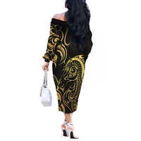 Gold And Black Aotearoa Horse Racing Off The Shoulder Long Sleeve Dress NZ Maori Pattern LT14 - Polynesian Pride
