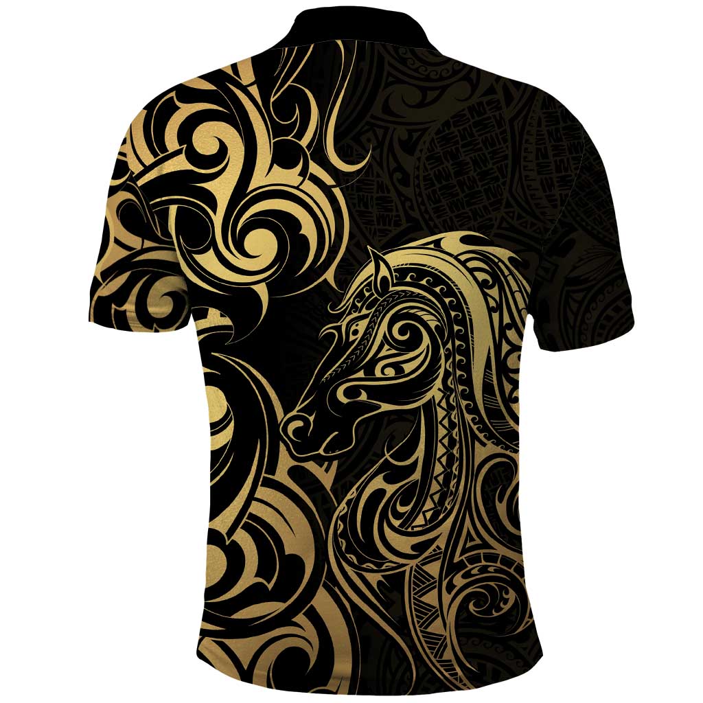 Gold And Black Aoteara Horse Racing Polo Shirt NZ Maori Pattern