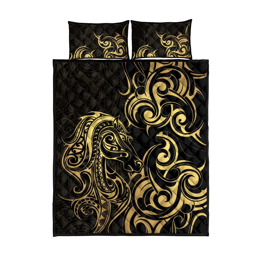 Gold And Black Aotearoa Horse Racing Quilt Bed Set NZ Maori Pattern LT14 - Polynesian Pride