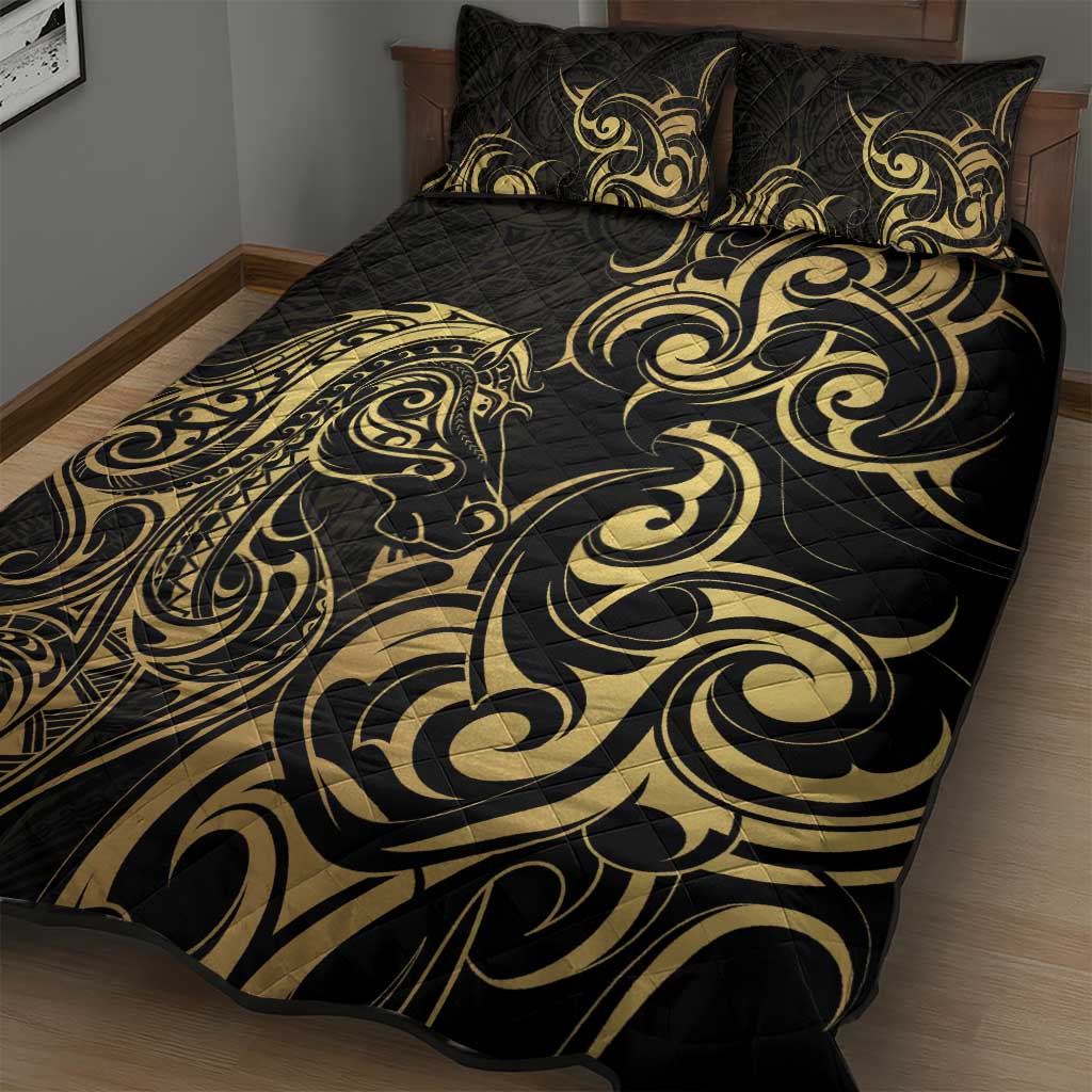 Gold And Black Aotearoa Horse Racing Quilt Bed Set NZ Maori Pattern LT14 - Polynesian Pride