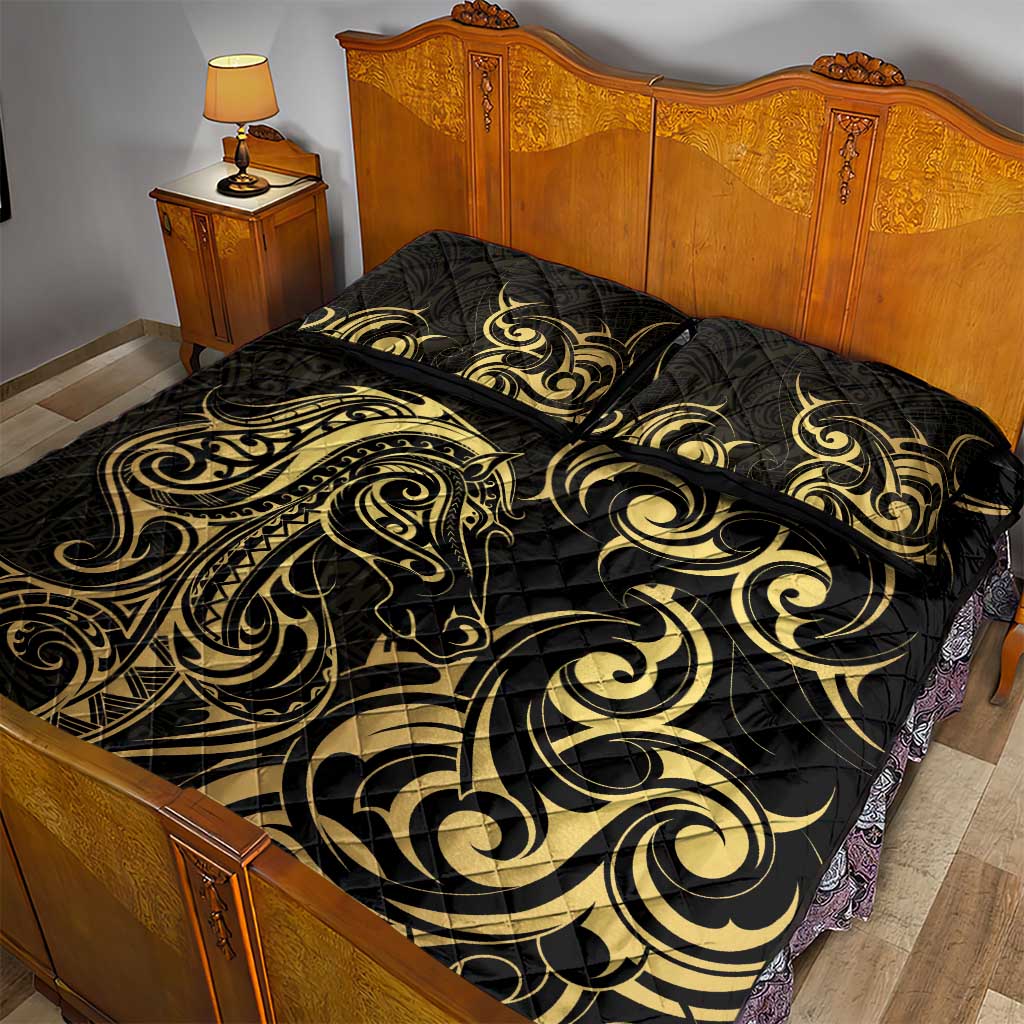 Gold And Black Aotearoa Horse Racing Quilt Bed Set NZ Maori Pattern LT14 - Polynesian Pride