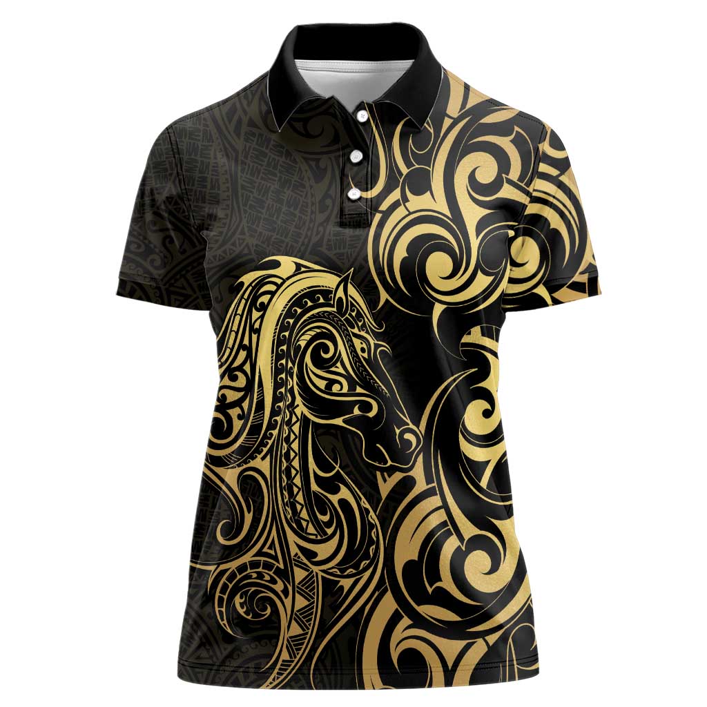 Gold And Black Aoteara Horse Racing Women Polo Shirt NZ Maori Pattern