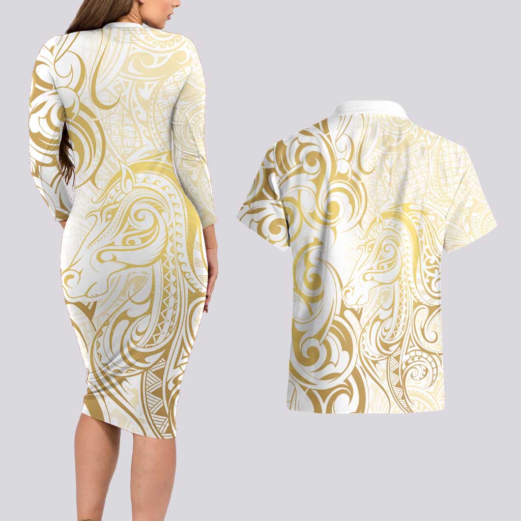 Gold And White Aotearoa Horse Racing Couples Matching Long Sleeve Bodycon Dress and Hawaiian Shirt NZ Maori Pattern LT14 - Polynesian Pride