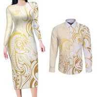 Gold And White Aotearoa Horse Racing Couples Matching Long Sleeve Bodycon Dress and Long Sleeve Button Shirt NZ Maori Pattern LT14 White - Polynesian Pride