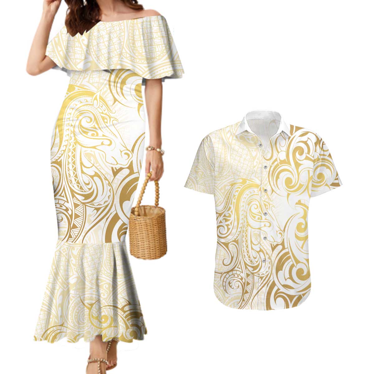Gold And White Aotearoa Horse Racing Couples Matching Mermaid Dress and Hawaiian Shirt NZ Maori Pattern LT14 White - Polynesian Pride