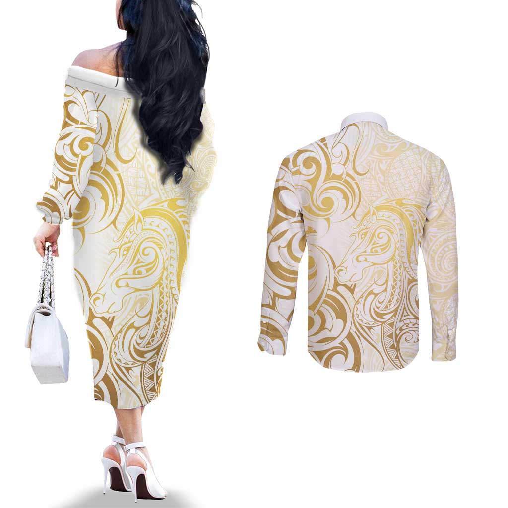 Gold And White Aotearoa Horse Racing Couples Matching Off The Shoulder Long Sleeve Dress and Long Sleeve Button Shirt NZ Maori Pattern LT14 - Polynesian Pride