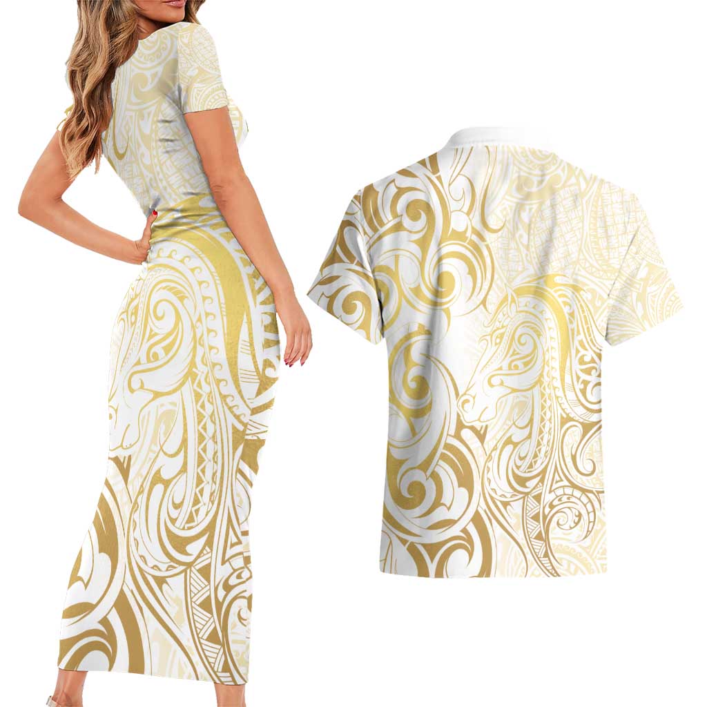 Gold And White Aotearoa Horse Racing Couples Matching Short Sleeve Bodycon Dress and Hawaiian Shirt NZ Maori Pattern LT14 - Polynesian Pride